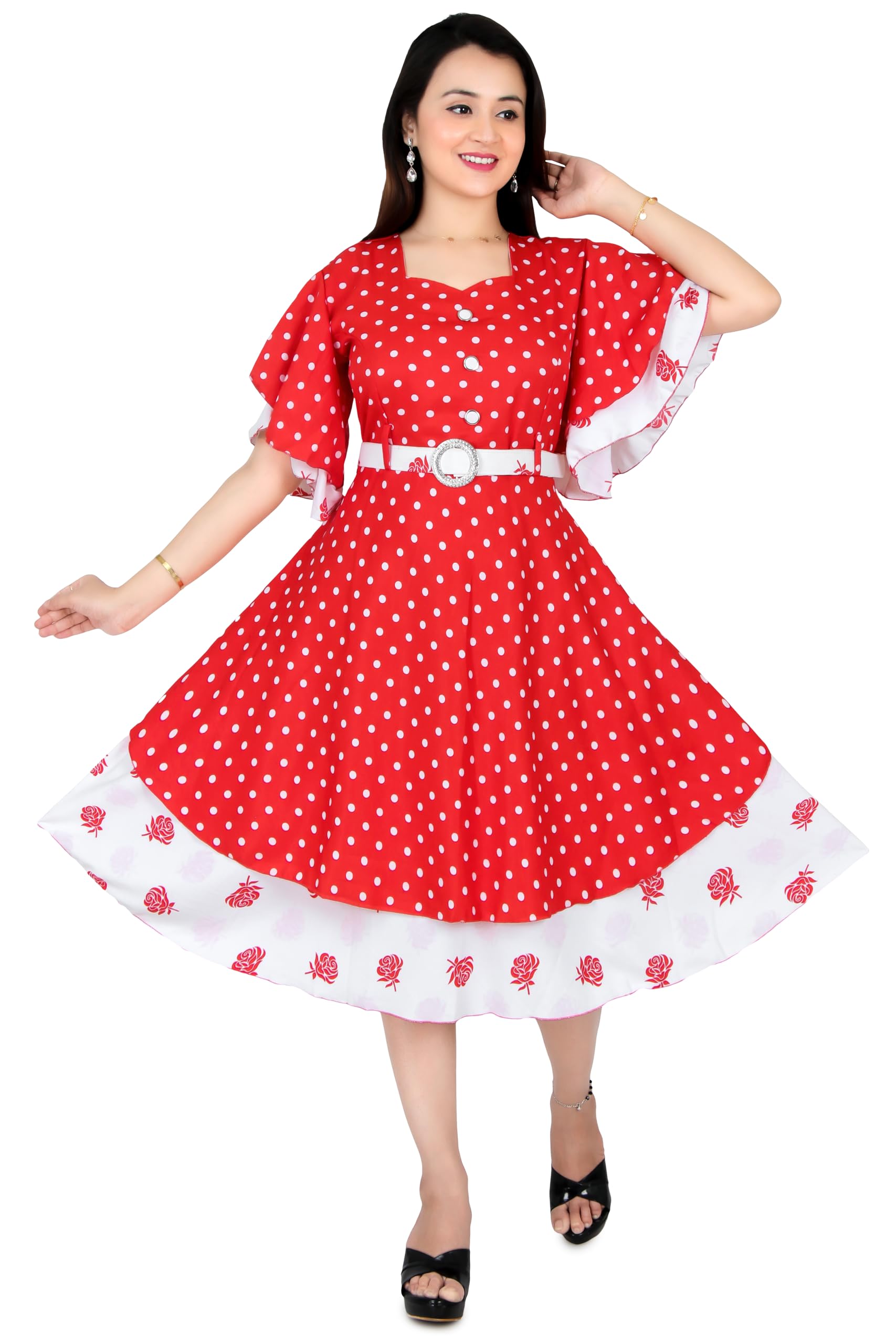 Buy Women's Red and White Polka Dot Layered Dress, Flutter Sleeve